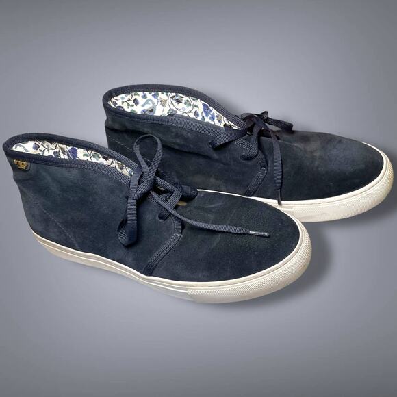 Women's TORY BURCH Blue Suede Chukka Boots Paisley Lining Rubber Soles Like NEW - Picture 1 of 12